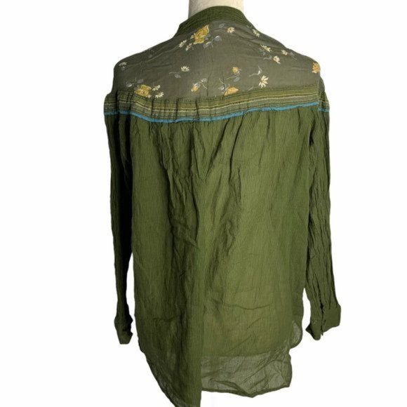 Free People Hearts Colors Retro Blouse M Green Boho Floral Buttons Pockets - Picture 4 of 5